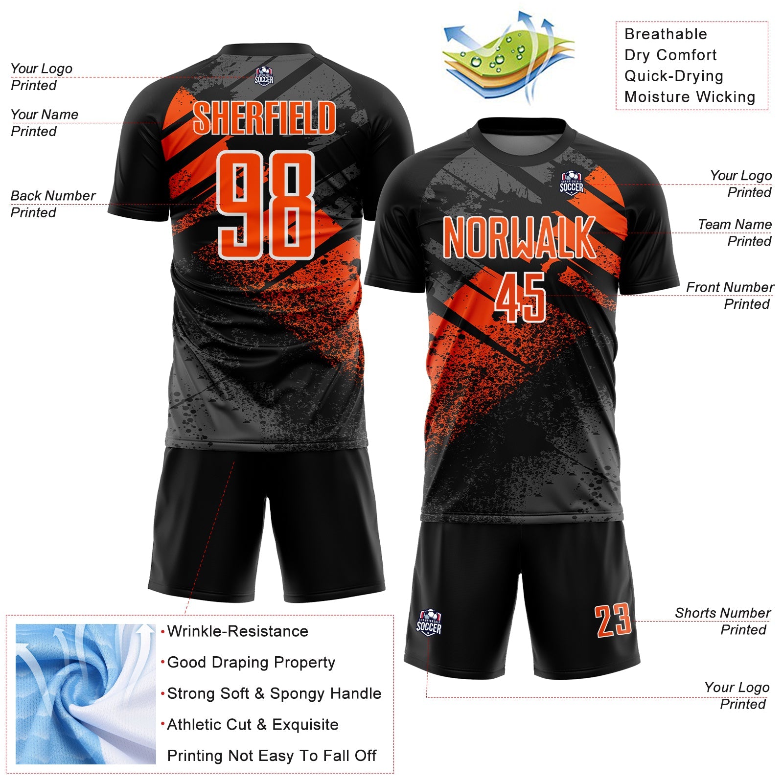 Custom Black Orange-White Grunge Splatter Brush Stroke Sublimation Soccer Uniform Jersey view 4