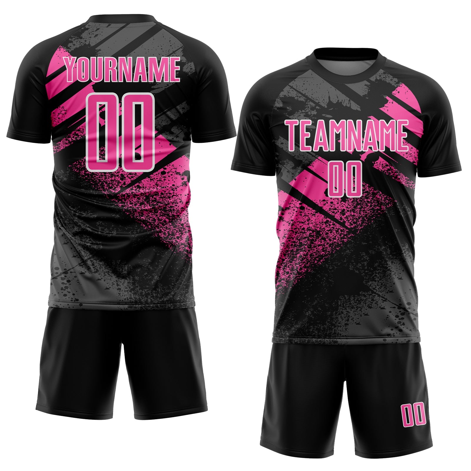Custom Black Pink-White Grunge Splatter Brush Stroke Sublimation Soccer Uniform Jersey view 2