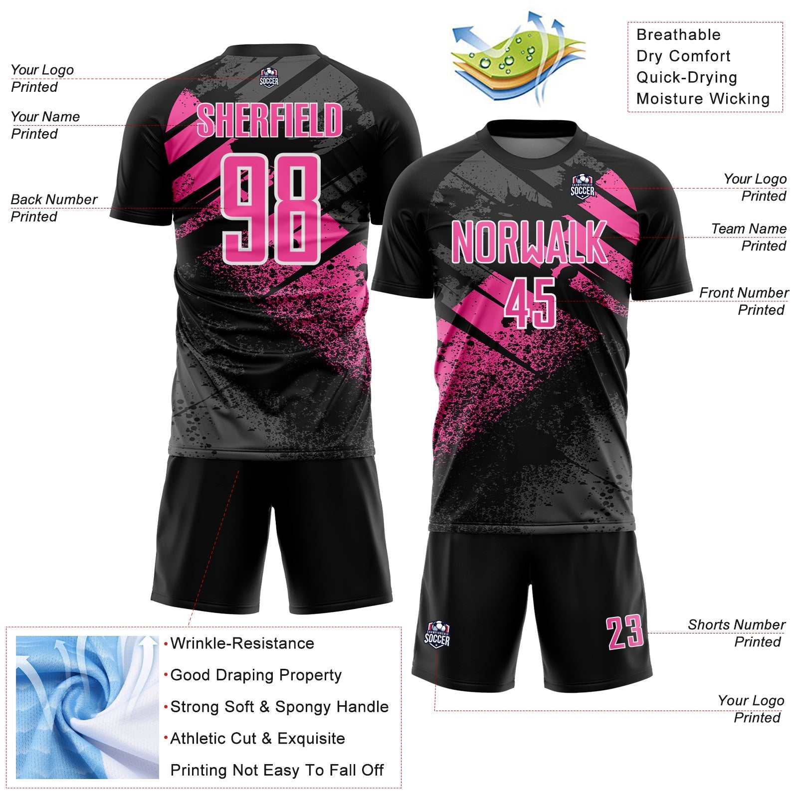 Custom Black Pink-White Grunge Splatter Brush Stroke Sublimation Soccer Uniform Jersey view 4