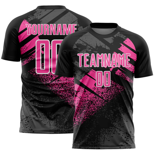 Custom Black Pink-White Grunge Splatter Brush Stroke Sublimation Soccer Uniform Jersey - Main View