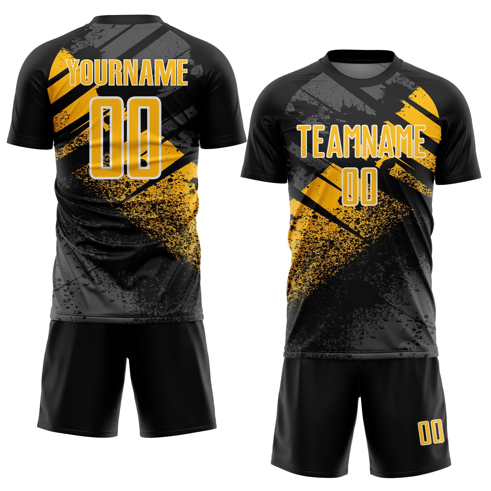 Custom Black Gold-White Grunge Splatter Brush Stroke Sublimation Soccer Uniform Jersey view 2