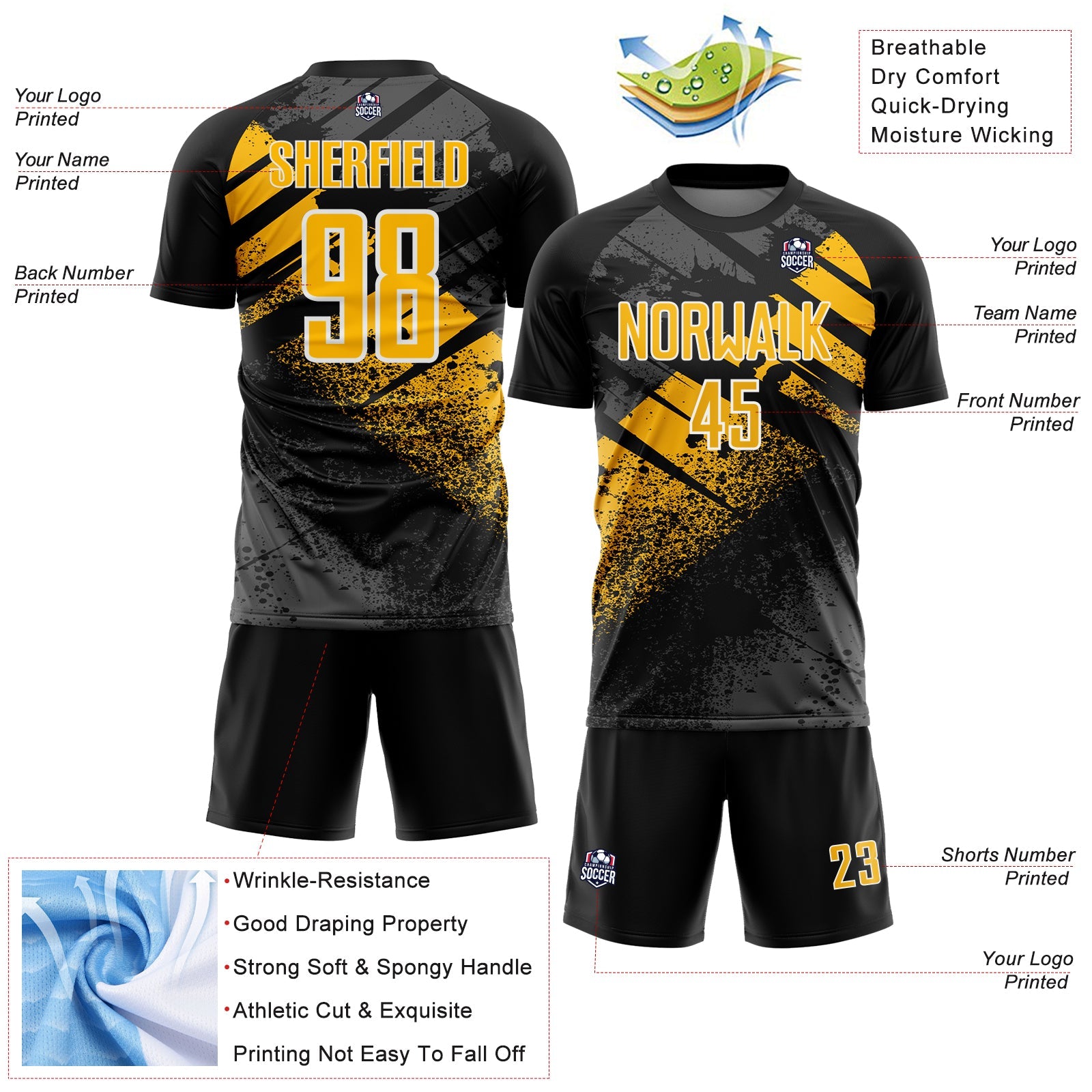 Custom Black Gold-White Grunge Splatter Brush Stroke Sublimation Soccer Uniform Jersey view 4