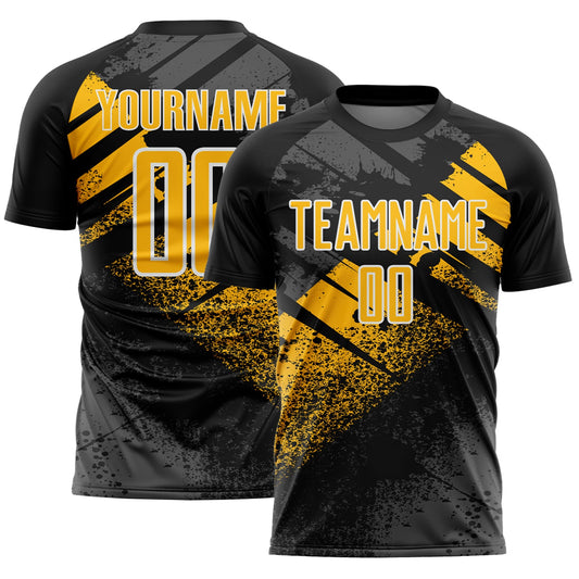 Custom Black Gold-White Grunge Splatter Brush Stroke Sublimation Soccer Uniform Jersey - Main View