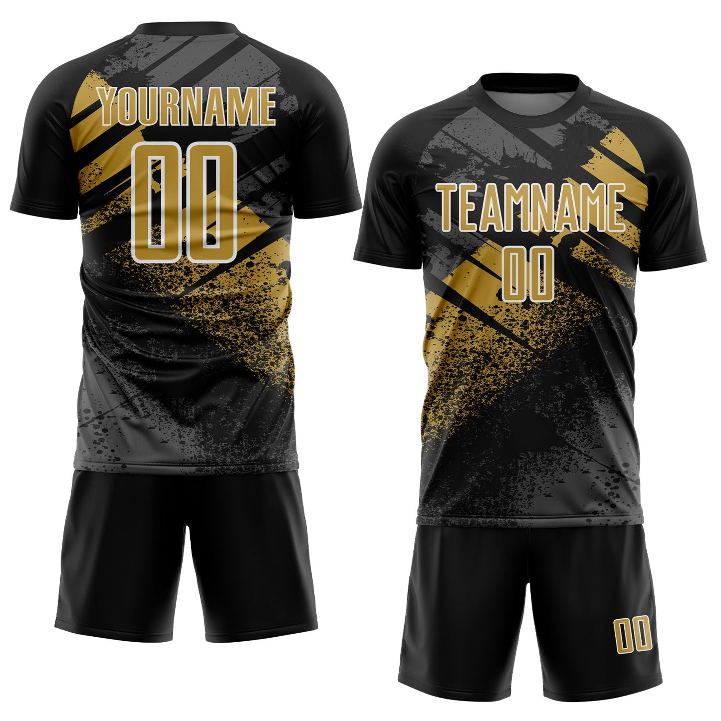 Custom Black Old Gold-White Grunge Splatter Brush Stroke Sublimation Soccer Uniform Jersey view 2