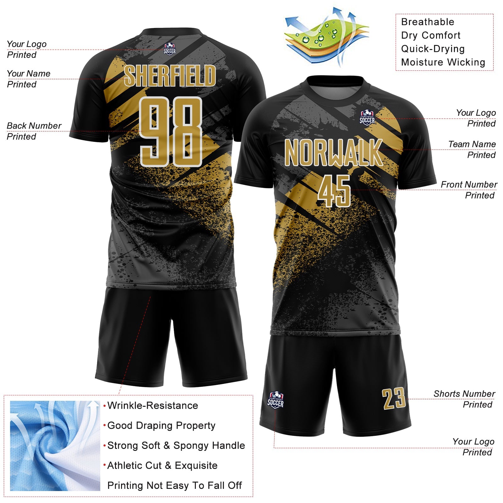 Custom Black Old Gold-White Grunge Splatter Brush Stroke Sublimation Soccer Uniform Jersey view 4