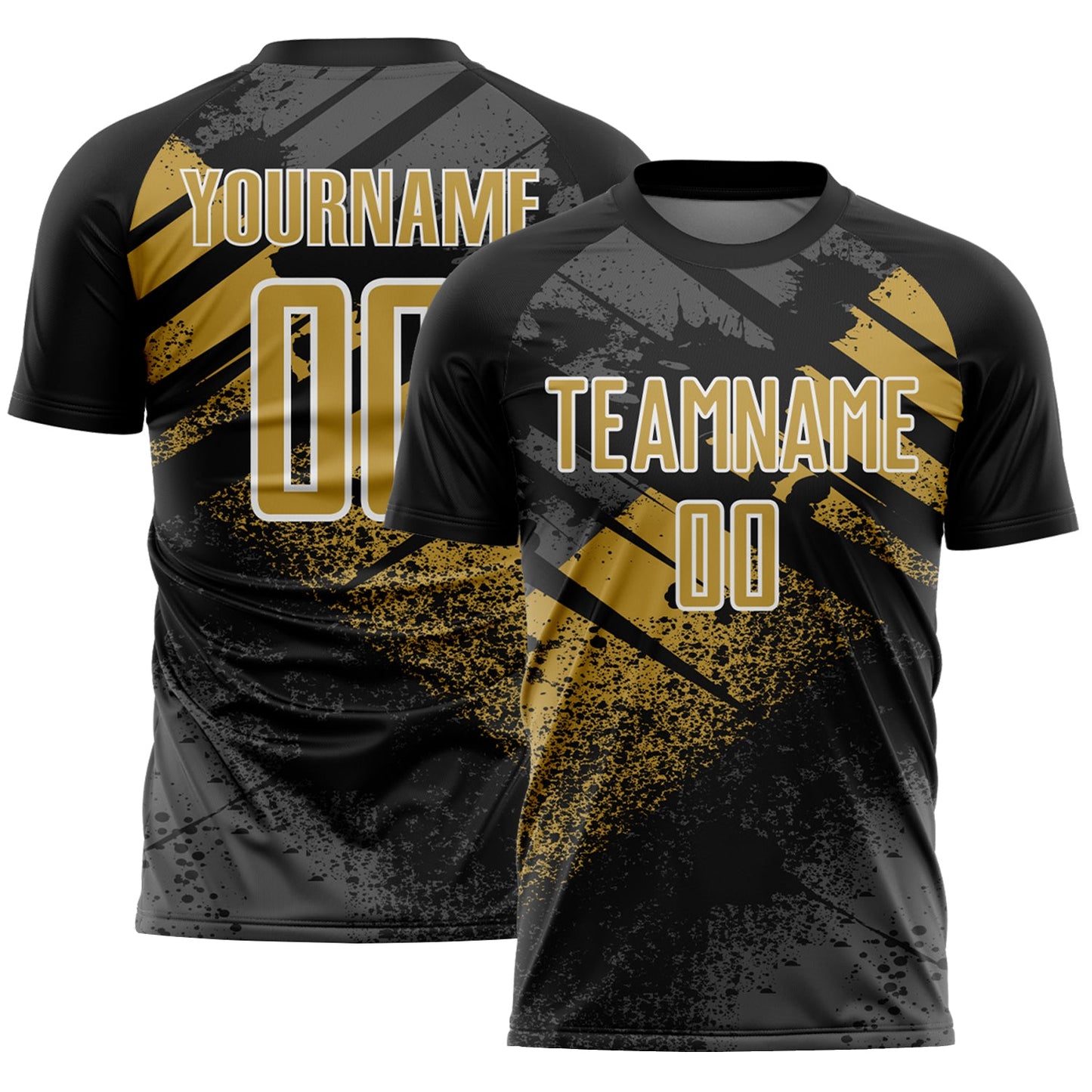 Custom Black Old Gold-White Grunge Splatter Brush Stroke Sublimation Soccer Uniform Jersey - Main View