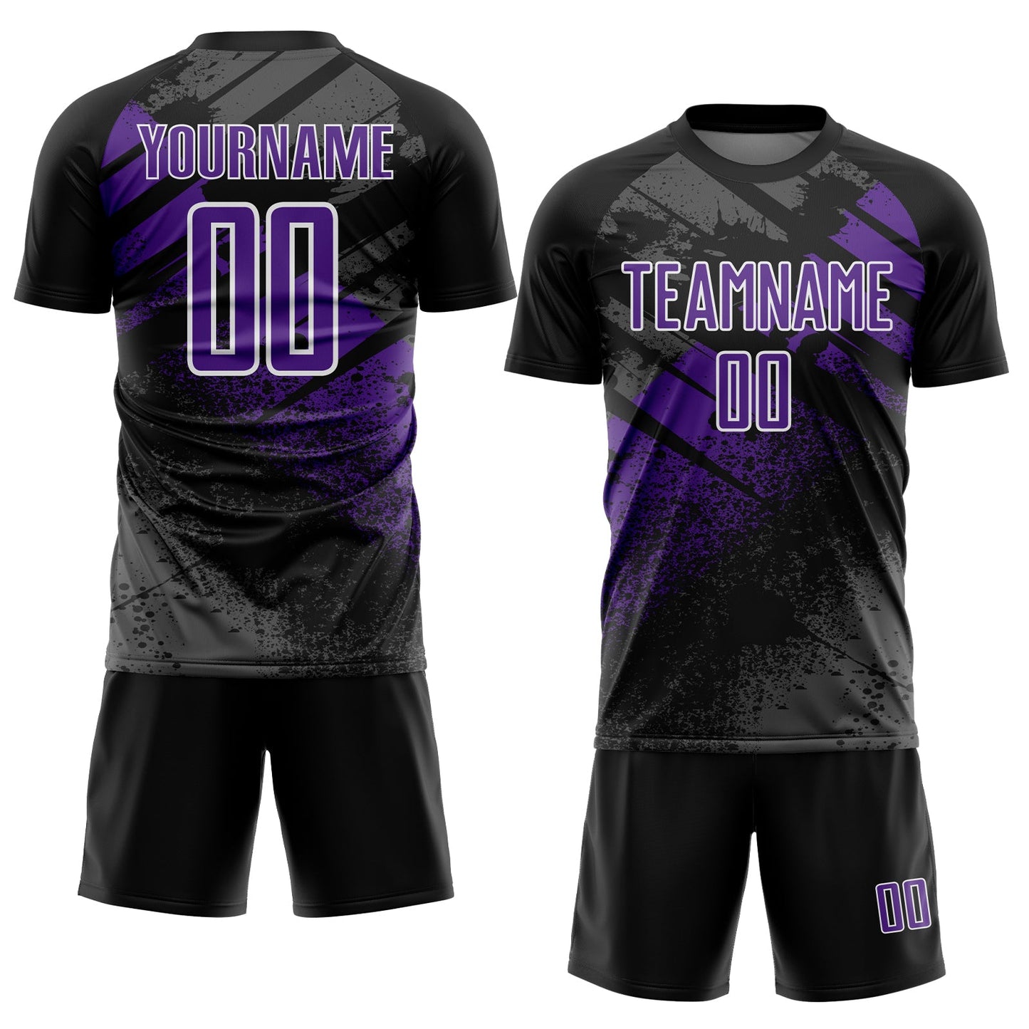 Custom Black Purple-White Grunge Splatter Brush Stroke Sublimation Soccer Uniform Jersey view 2