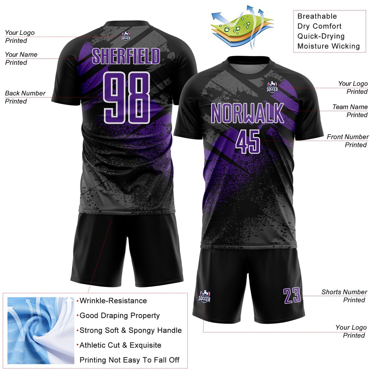 Custom Black Purple-White Grunge Splatter Brush Stroke Sublimation Soccer Uniform Jersey view 4