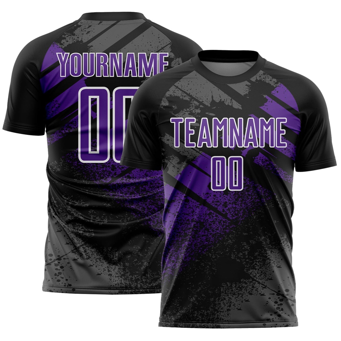 Custom Black Purple-White Grunge Splatter Brush Stroke Sublimation Soccer Uniform Jersey - Main View