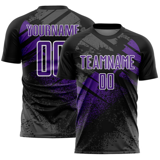 Custom Black Purple-White Grunge Splatter Brush Stroke Sublimation Soccer Uniform Jersey - Main View
