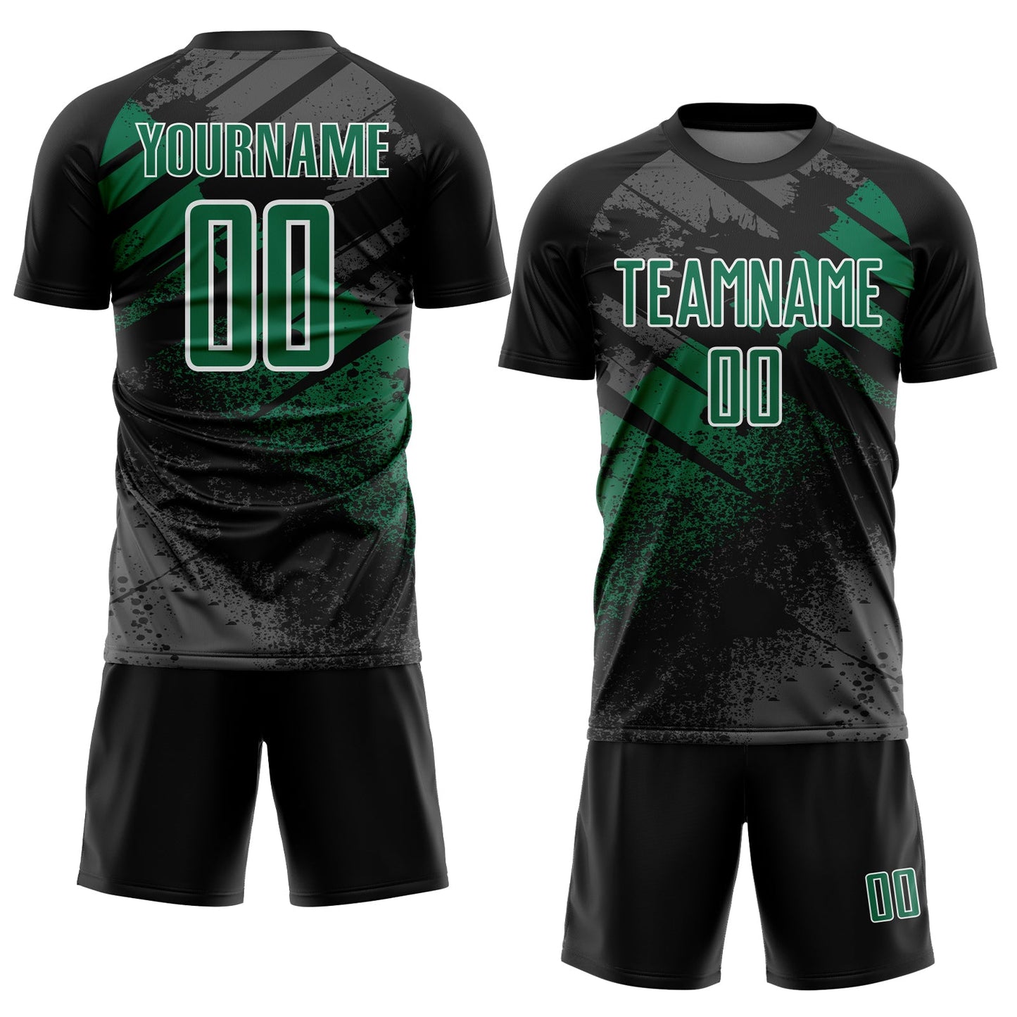 Custom Black Kelly Green-White Grunge Splatter Brush Stroke Sublimation Soccer Uniform Jersey view 2