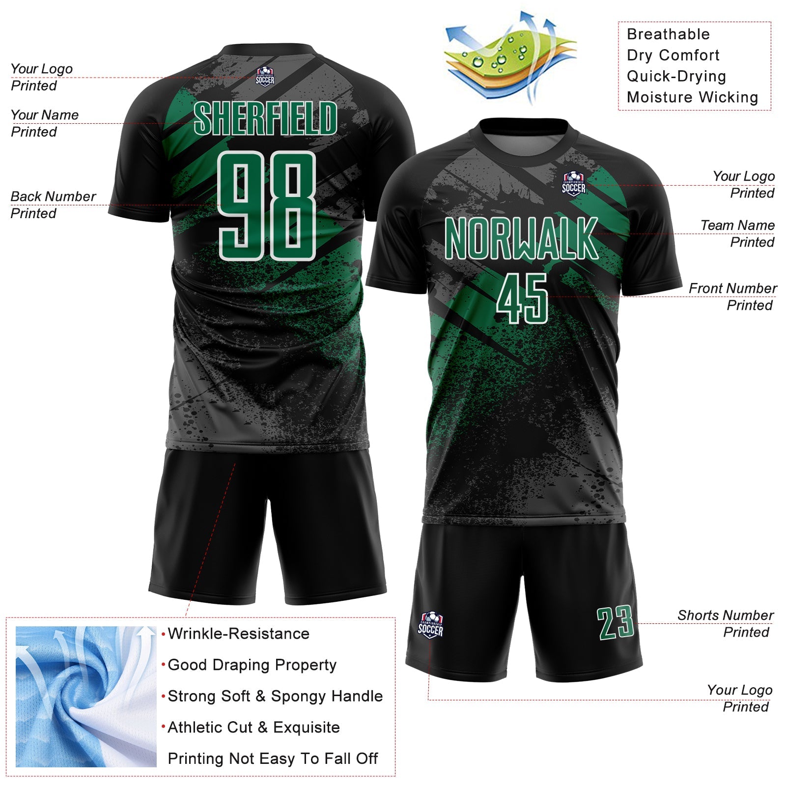 Custom Black Kelly Green-White Grunge Splatter Brush Stroke Sublimation Soccer Uniform Jersey view 4
