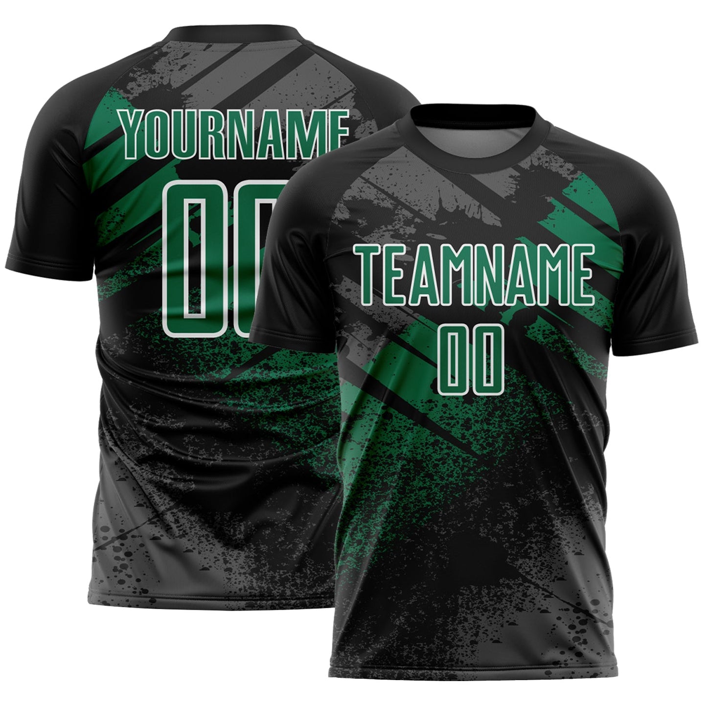 Custom Black Kelly Green-White Grunge Splatter Brush Stroke Sublimation Soccer Uniform Jersey - Main View