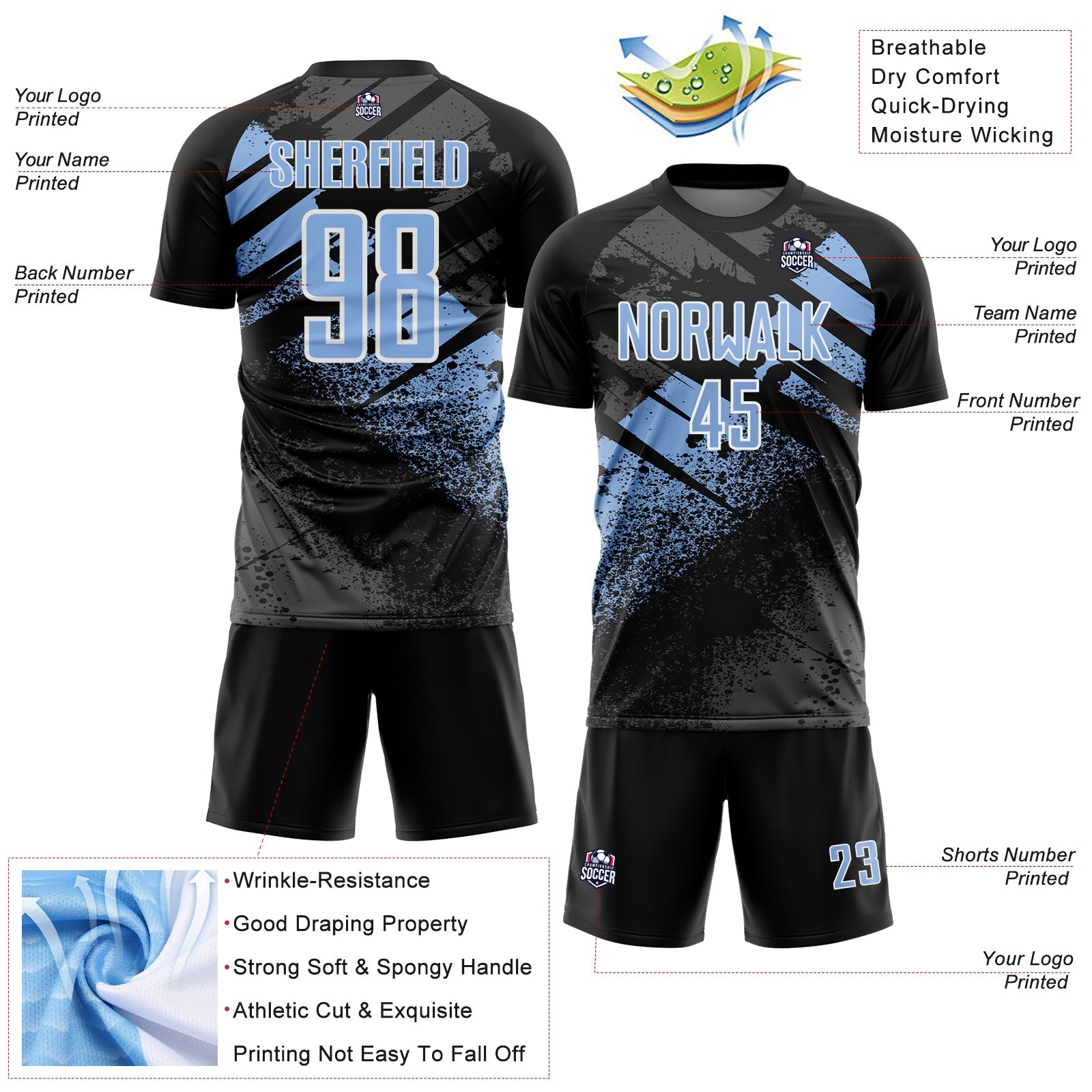 Custom Black Light Blue-White Grunge Splatter Brush Stroke Sublimation Soccer Uniform Jersey view 4
