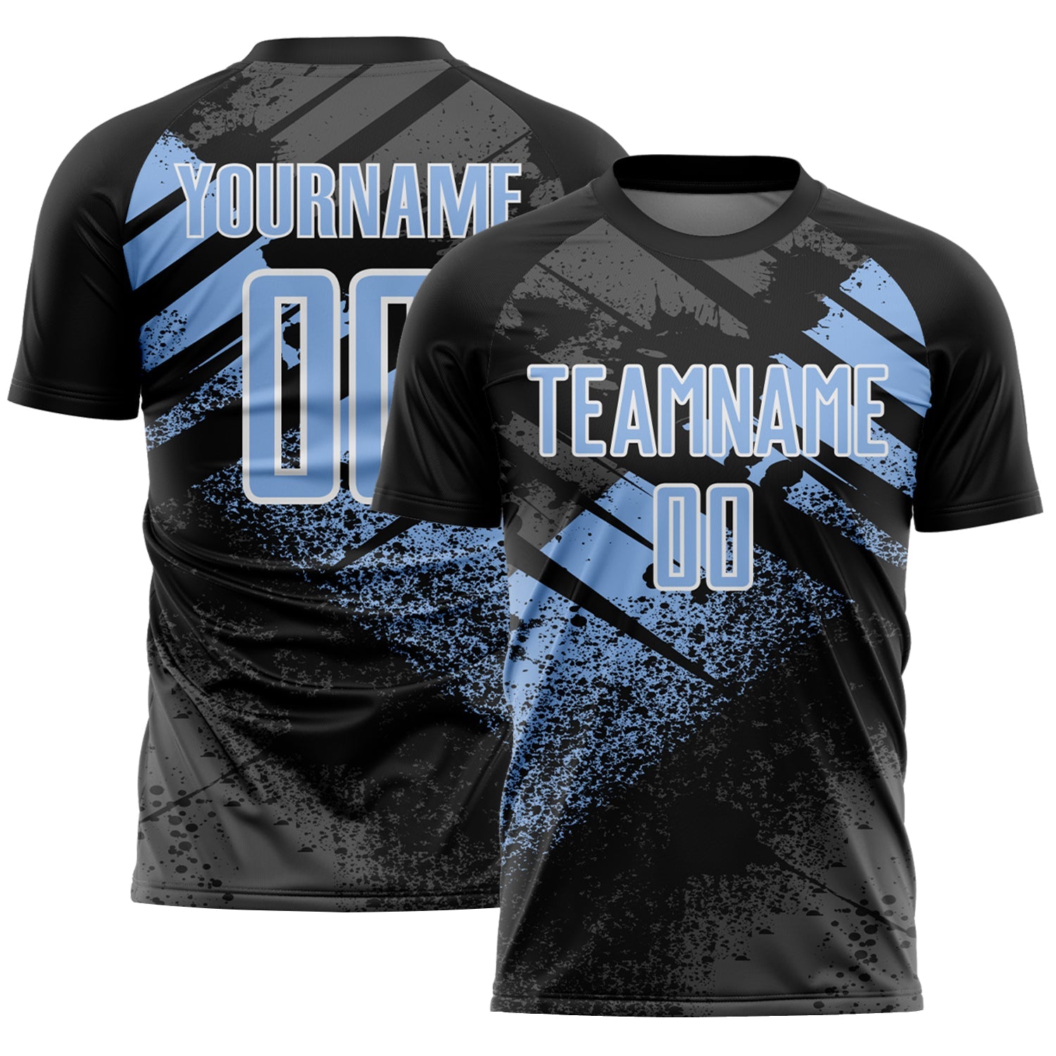 Custom Black Light Blue-White Grunge Splatter Brush Stroke Sublimation Soccer Uniform Jersey - Main View