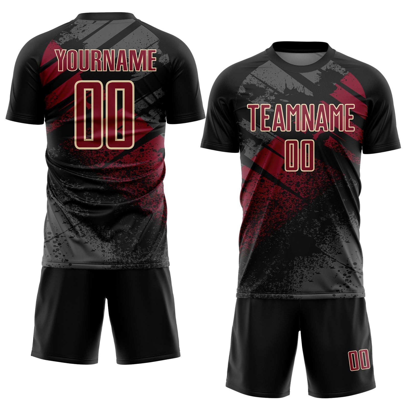 Custom Black Crimson-Cream Grunge Splatter Brush Stroke Sublimation Soccer Uniform Jersey view 2