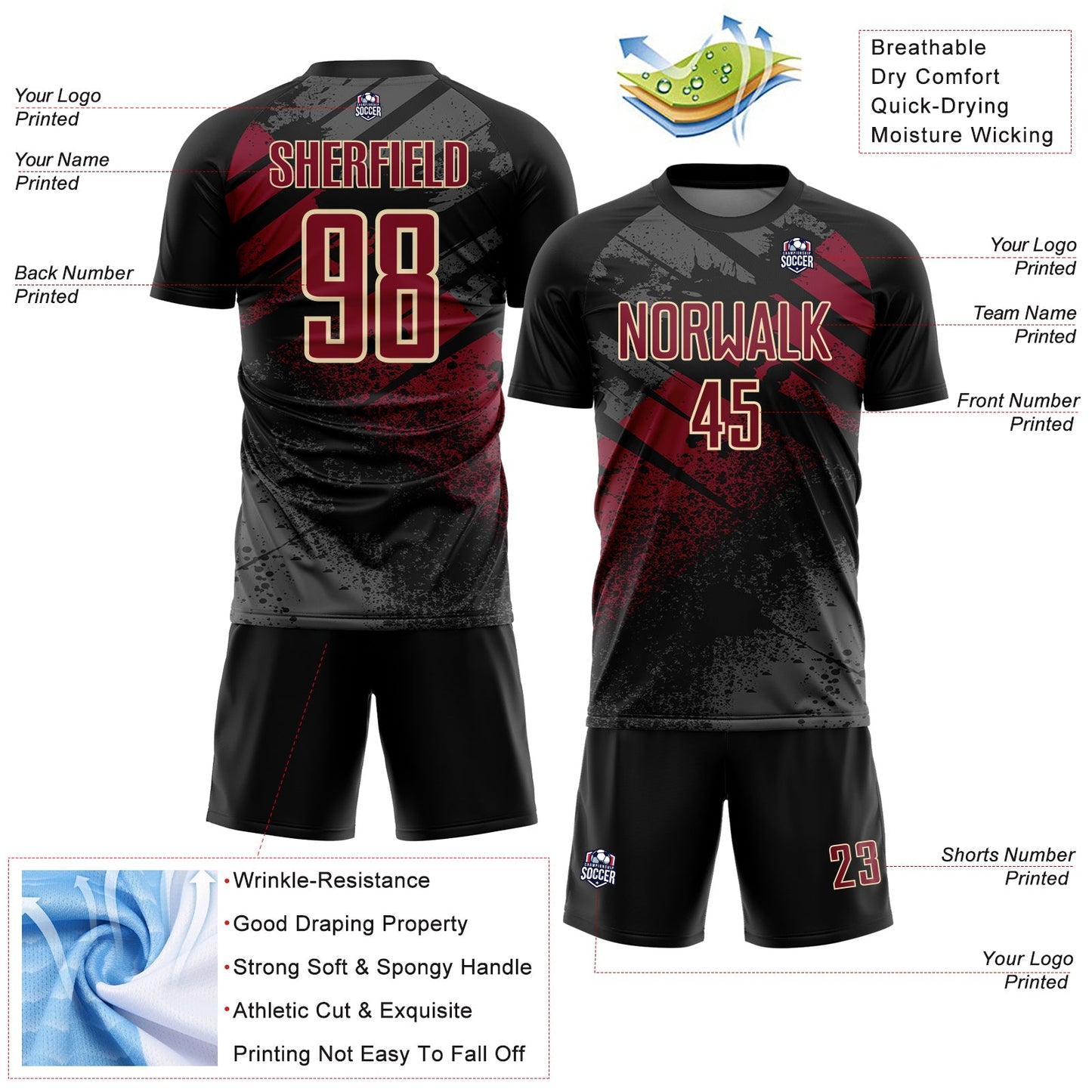 Custom Black Crimson-Cream Grunge Splatter Brush Stroke Sublimation Soccer Uniform Jersey view 4