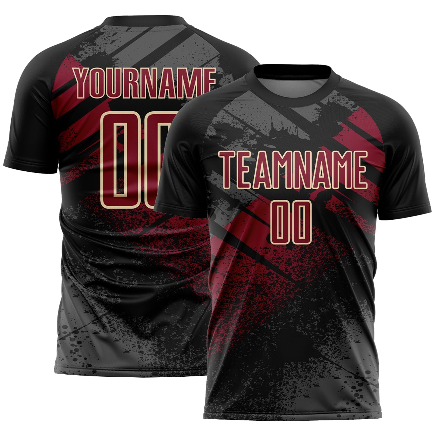 Custom Black Crimson-Cream Grunge Splatter Brush Stroke Sublimation Soccer Uniform Jersey - Main View