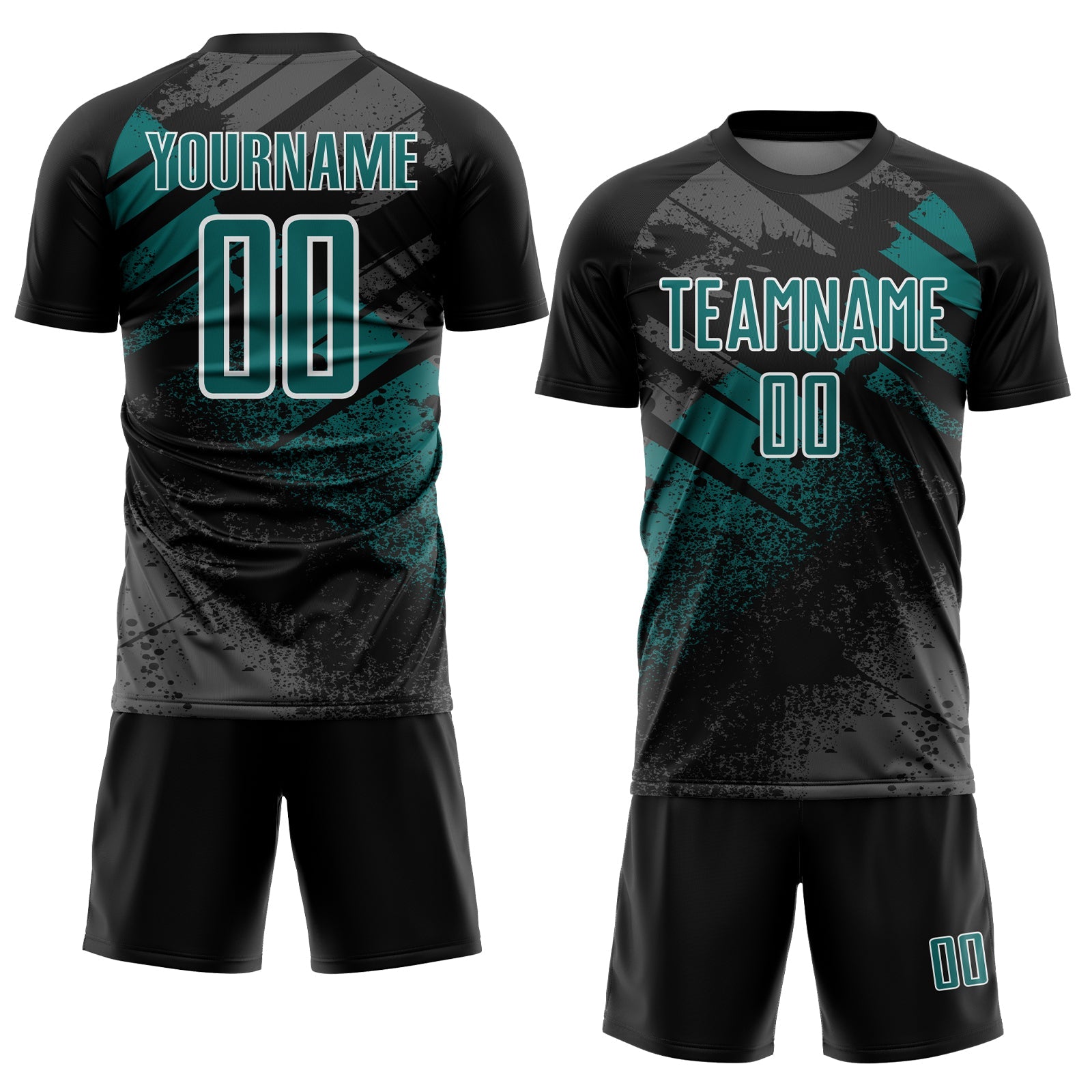 Custom Black Teal-White Grunge Splatter Brush Stroke Sublimation Soccer Uniform Jersey view 2