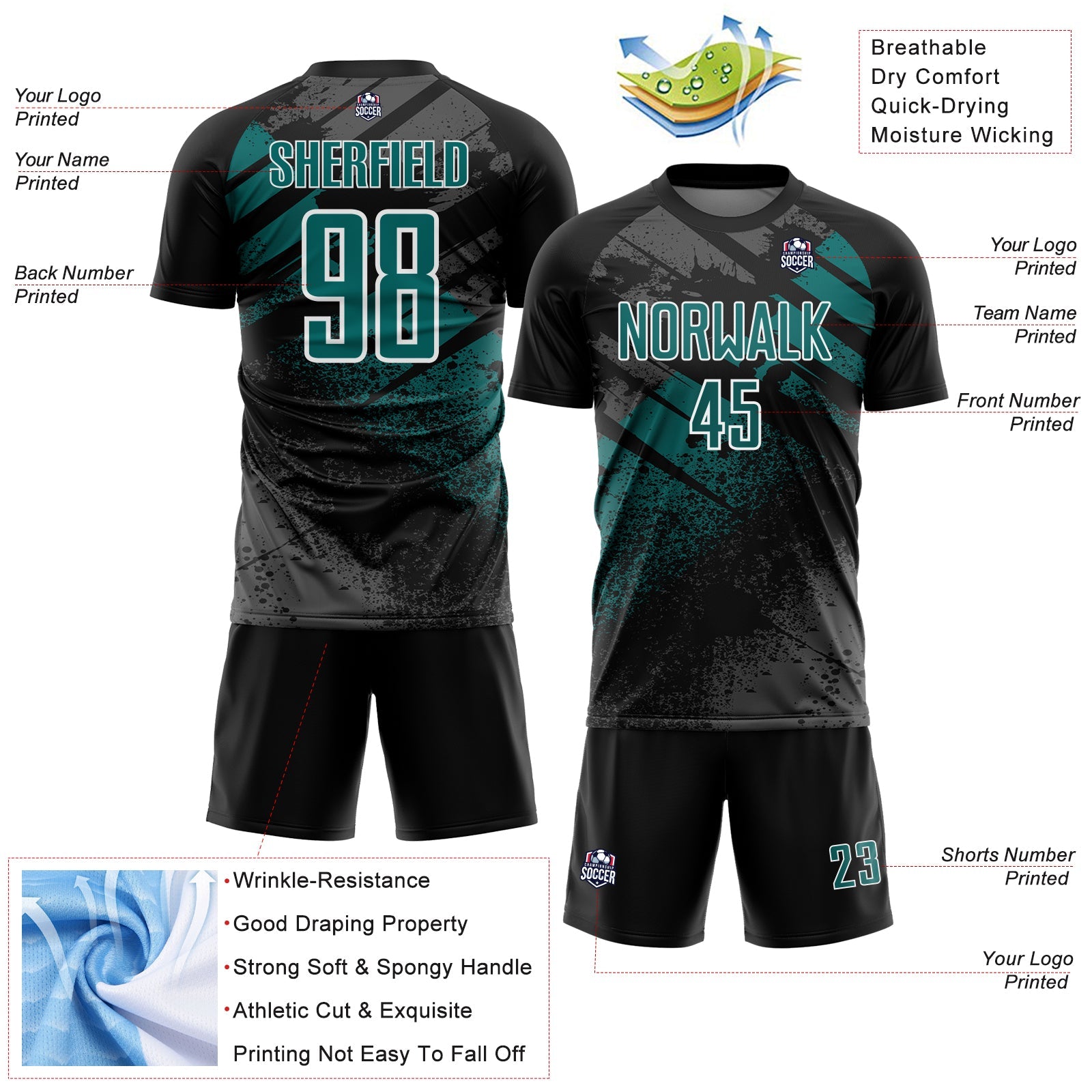 Custom Black Teal-White Grunge Splatter Brush Stroke Sublimation Soccer Uniform Jersey view 4