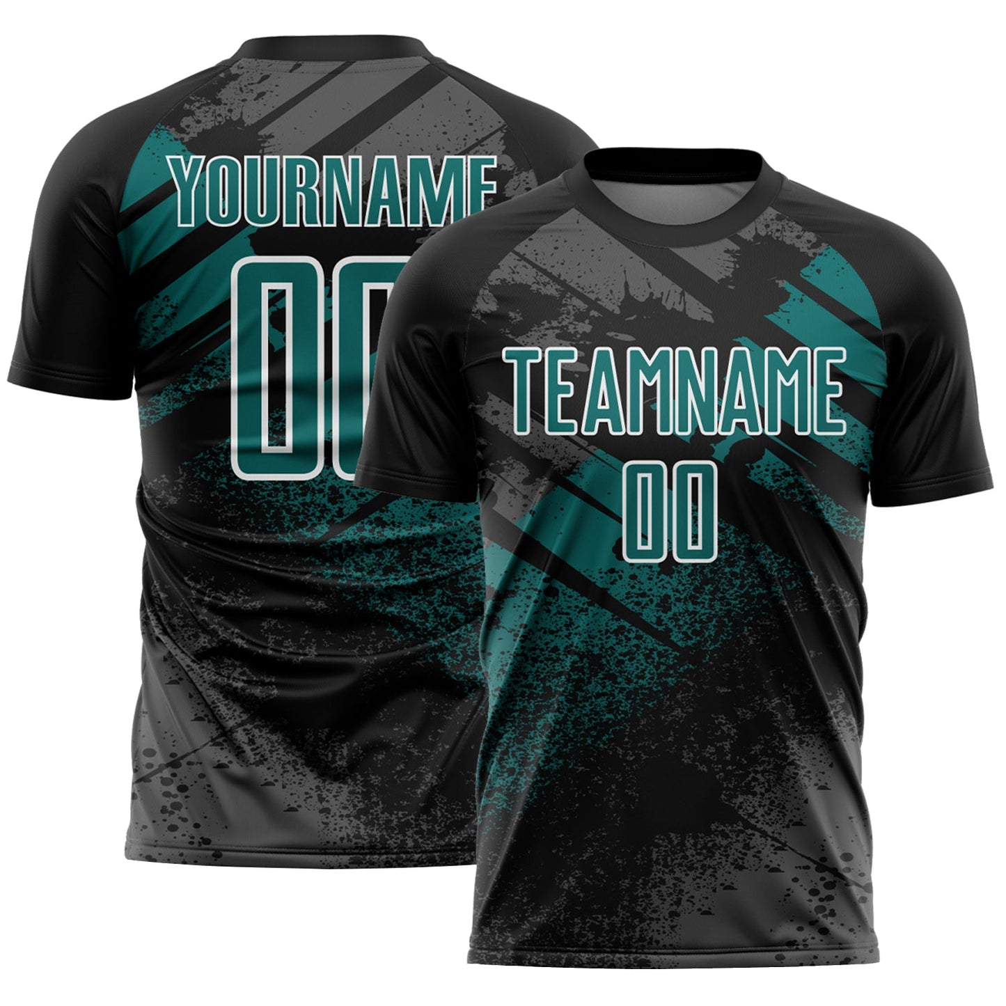 Custom Black Teal-White Grunge Splatter Brush Stroke Sublimation Soccer Uniform Jersey - Main View