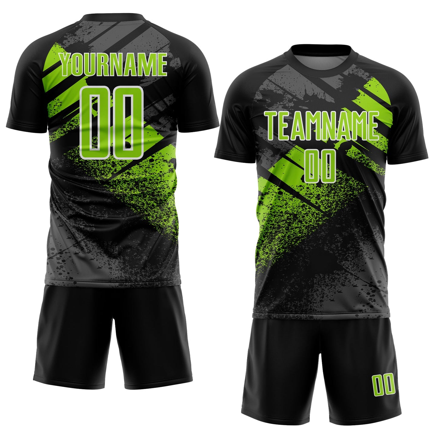 Custom Black Neon Green-White Grunge Splatter Brush Stroke Sublimation Soccer Uniform Jersey view 2
