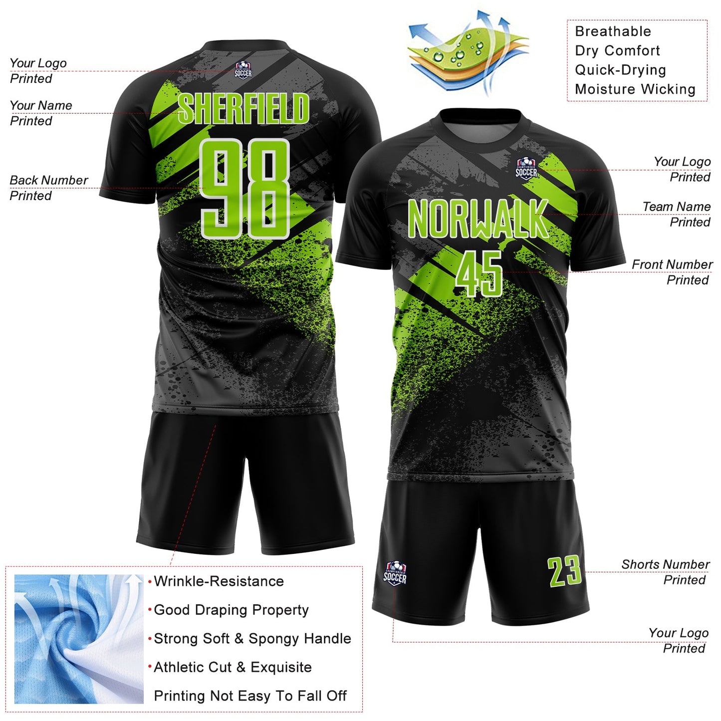 Custom Black Neon Green-White Grunge Splatter Brush Stroke Sublimation Soccer Uniform Jersey view 4