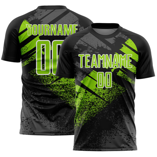 Custom Black Neon Green-White Grunge Splatter Brush Stroke Sublimation Soccer Uniform Jersey - Main View