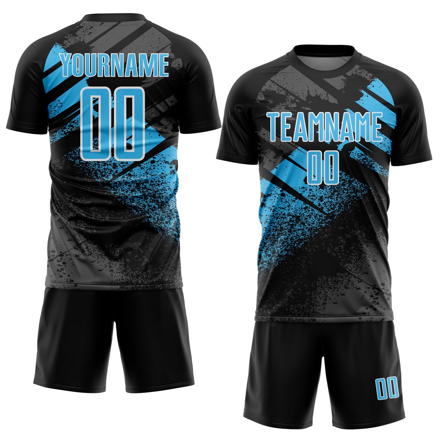 Custom Black Sky Blue-White Grunge Splatter Brush Stroke Sublimation Soccer Uniform Jersey view 2