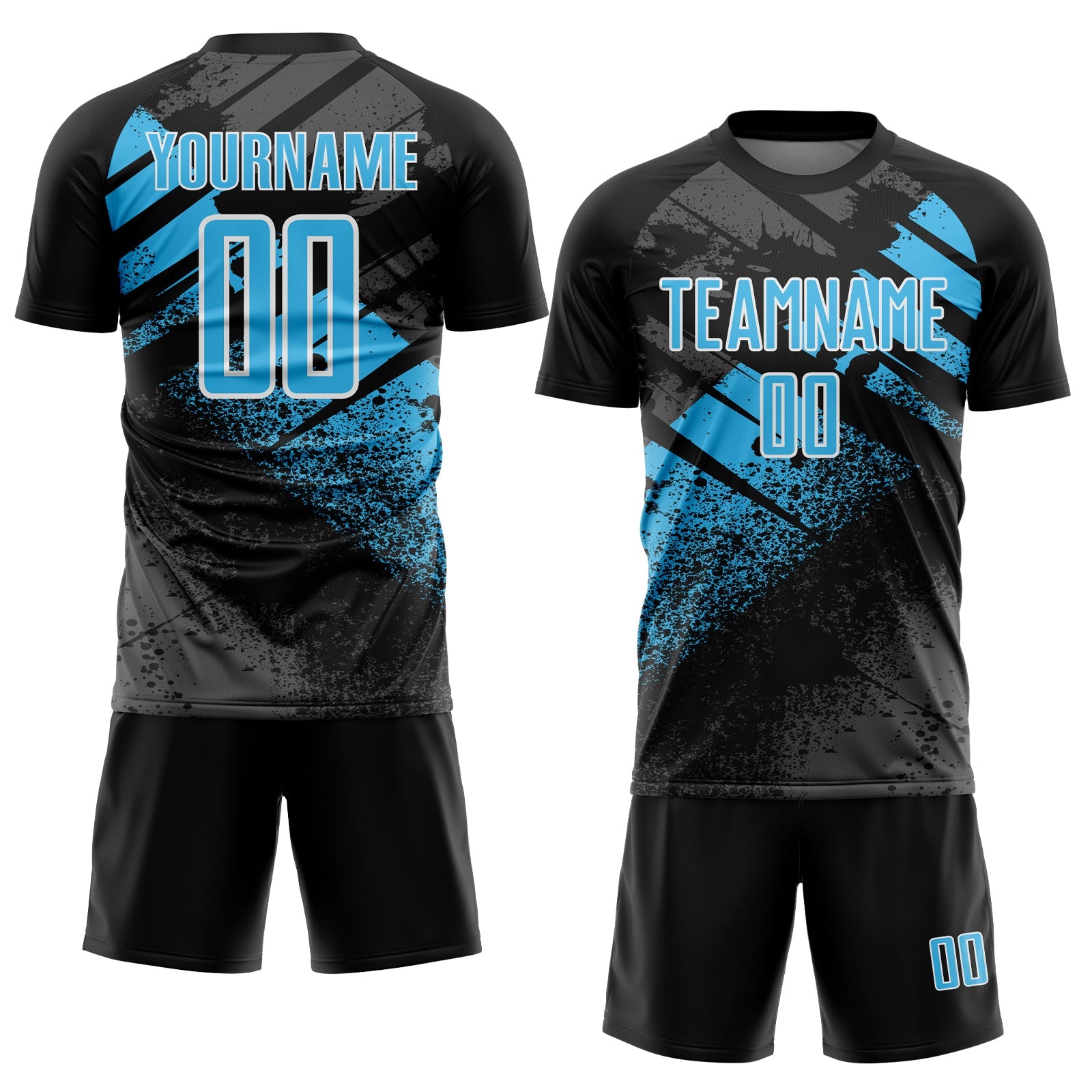 Custom Black Sky Blue-White Grunge Splatter Brush Stroke Sublimation Soccer Uniform Jersey view 2