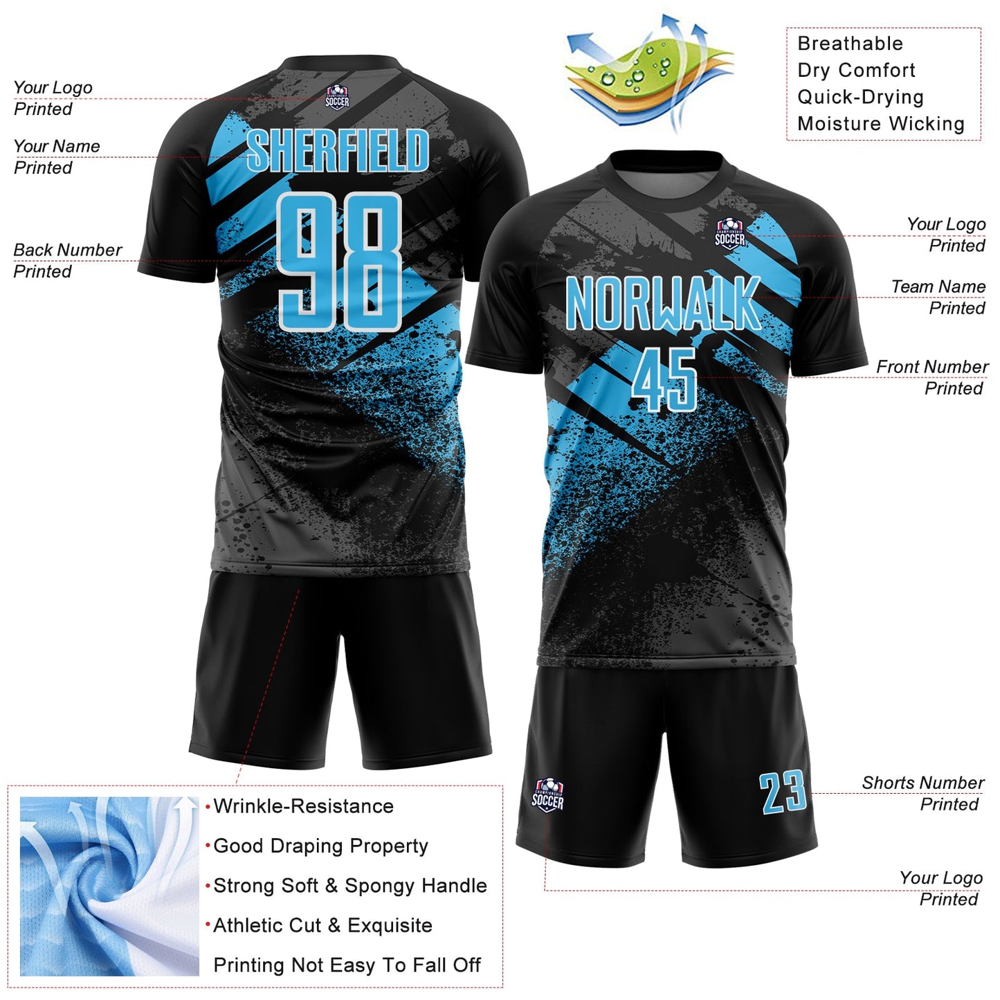 Custom Black Sky Blue-White Grunge Splatter Brush Stroke Sublimation Soccer Uniform Jersey view 4