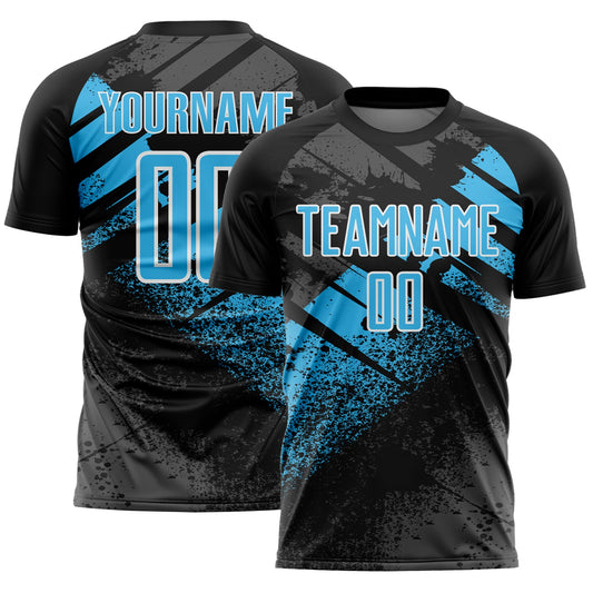 Custom Black Sky Blue-White Grunge Splatter Brush Stroke Sublimation Soccer Uniform Jersey - Main View