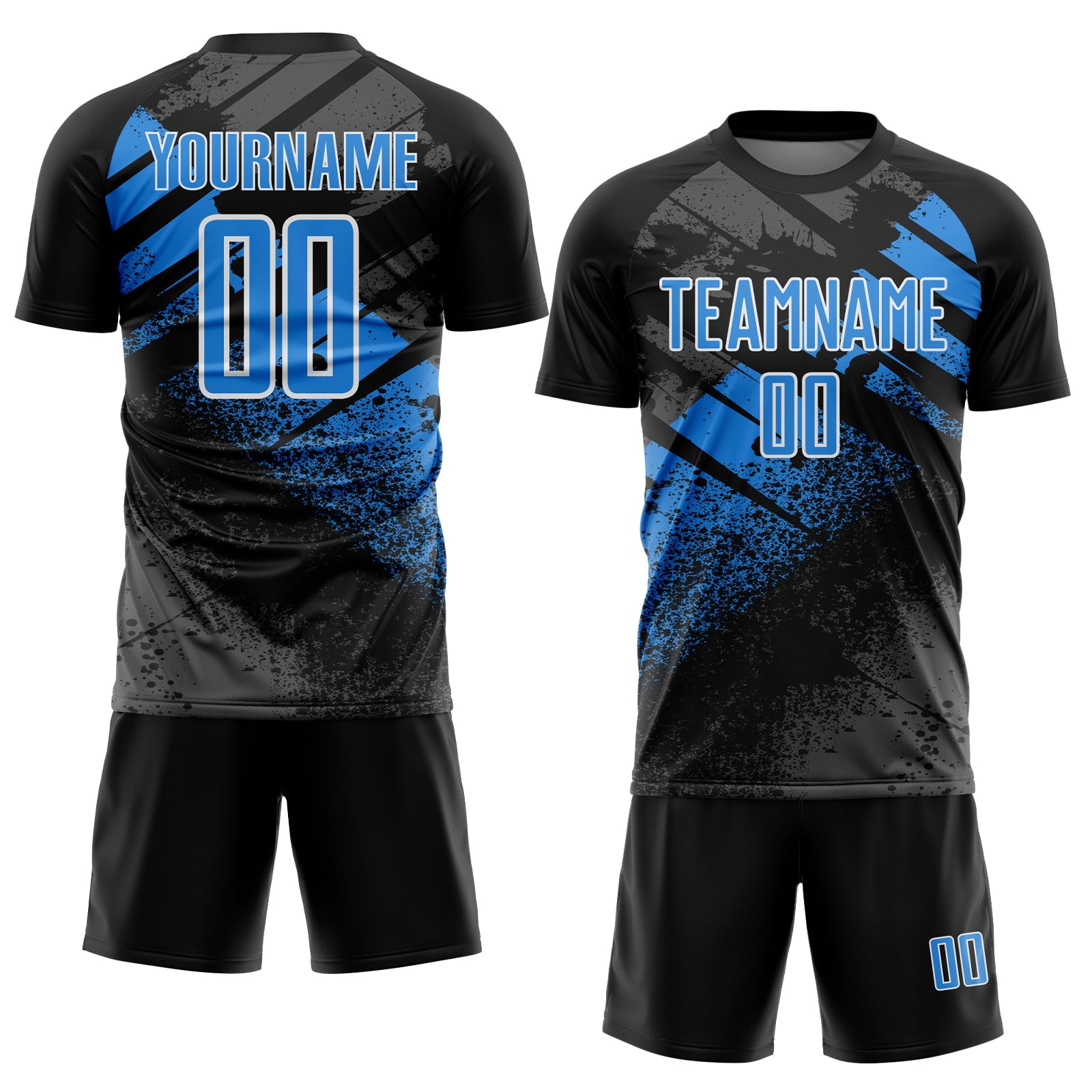 Custom Black Powder Blue-White Grunge Splatter Brush Stroke Sublimation Soccer Uniform Jersey view 2