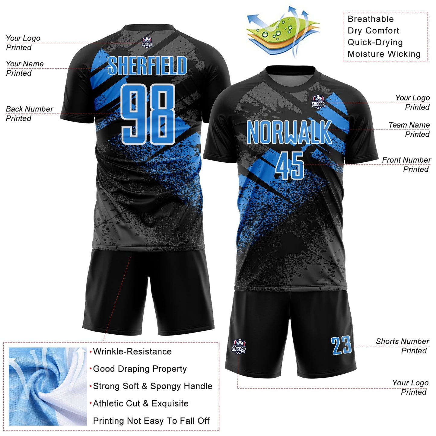 Custom Black Powder Blue-White Grunge Splatter Brush Stroke Sublimation Soccer Uniform Jersey view 4