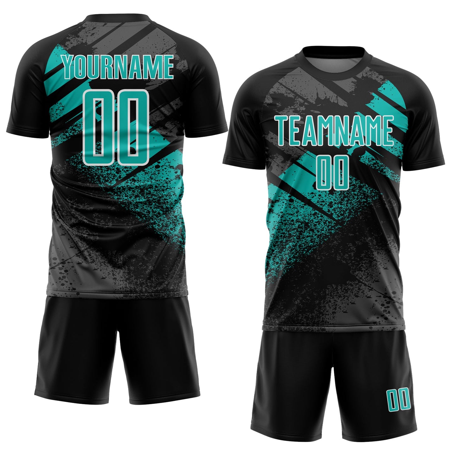 Custom Black Aqua-White Grunge Splatter Brush Stroke Sublimation Soccer Uniform Jersey view 2