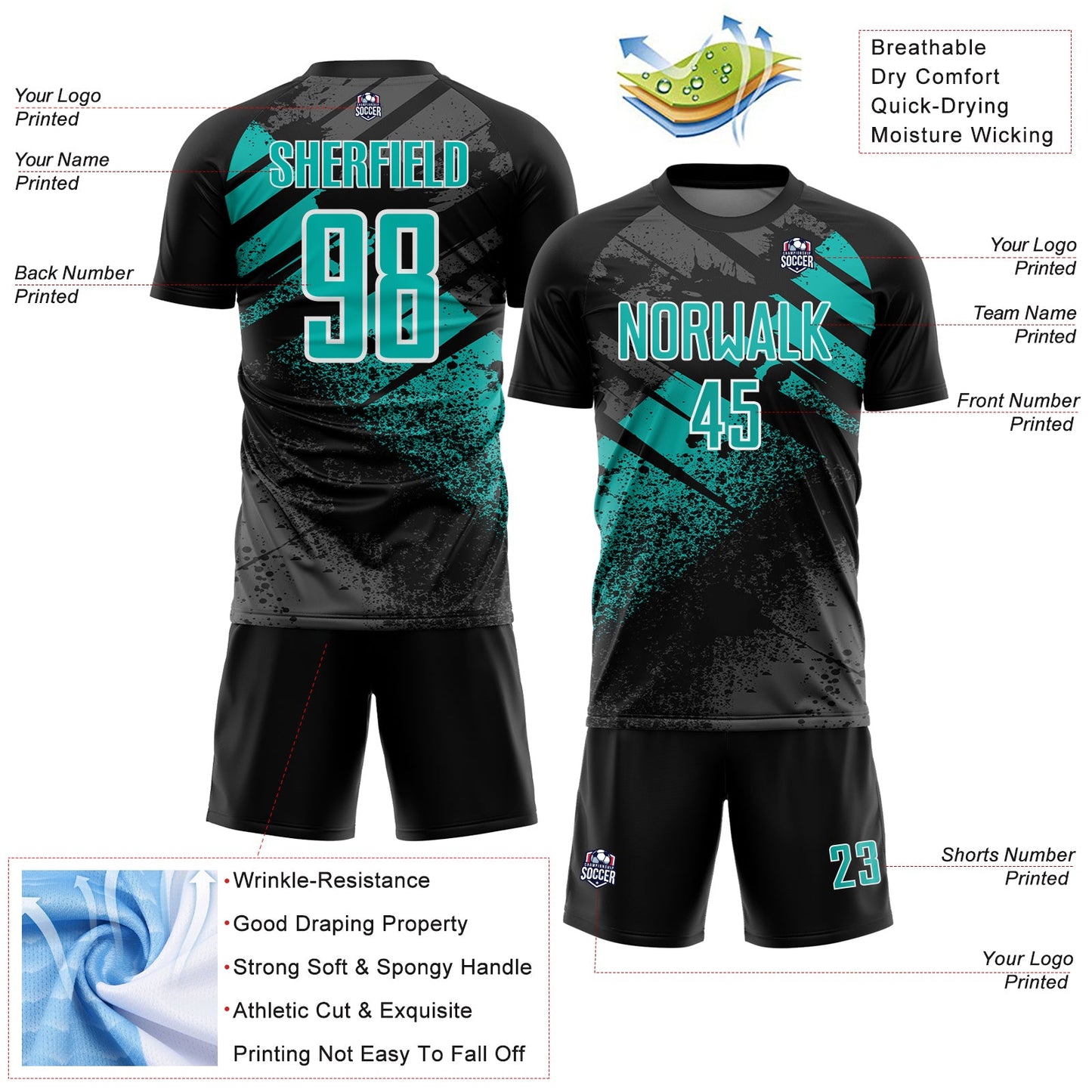 Custom Black Aqua-White Grunge Splatter Brush Stroke Sublimation Soccer Uniform Jersey view 4