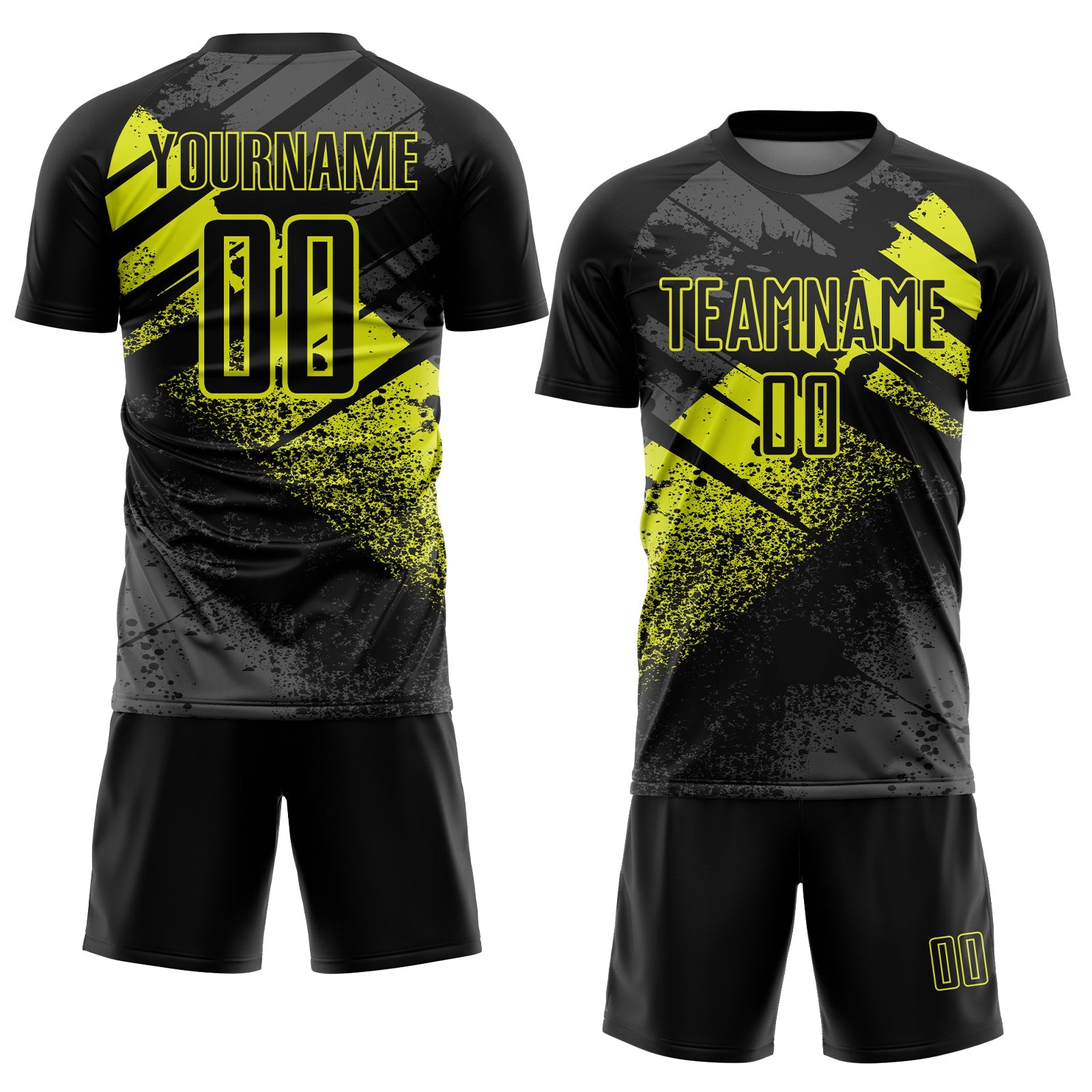 Custom Black-Neon Yellow Grunge Splatter Brush Stroke Sublimation Soccer Uniform Jersey view 2