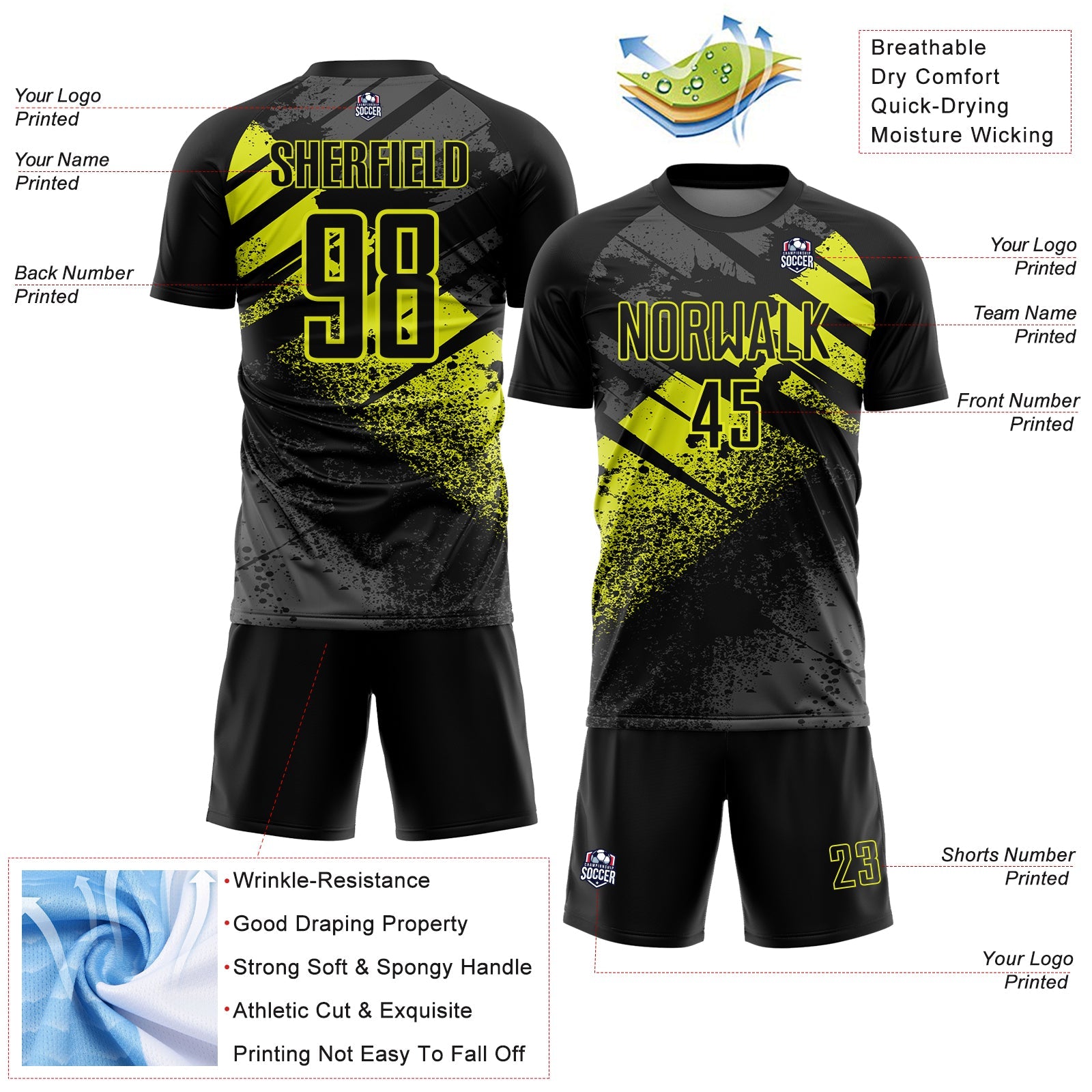 Custom Black-Neon Yellow Grunge Splatter Brush Stroke Sublimation Soccer Uniform Jersey view 4