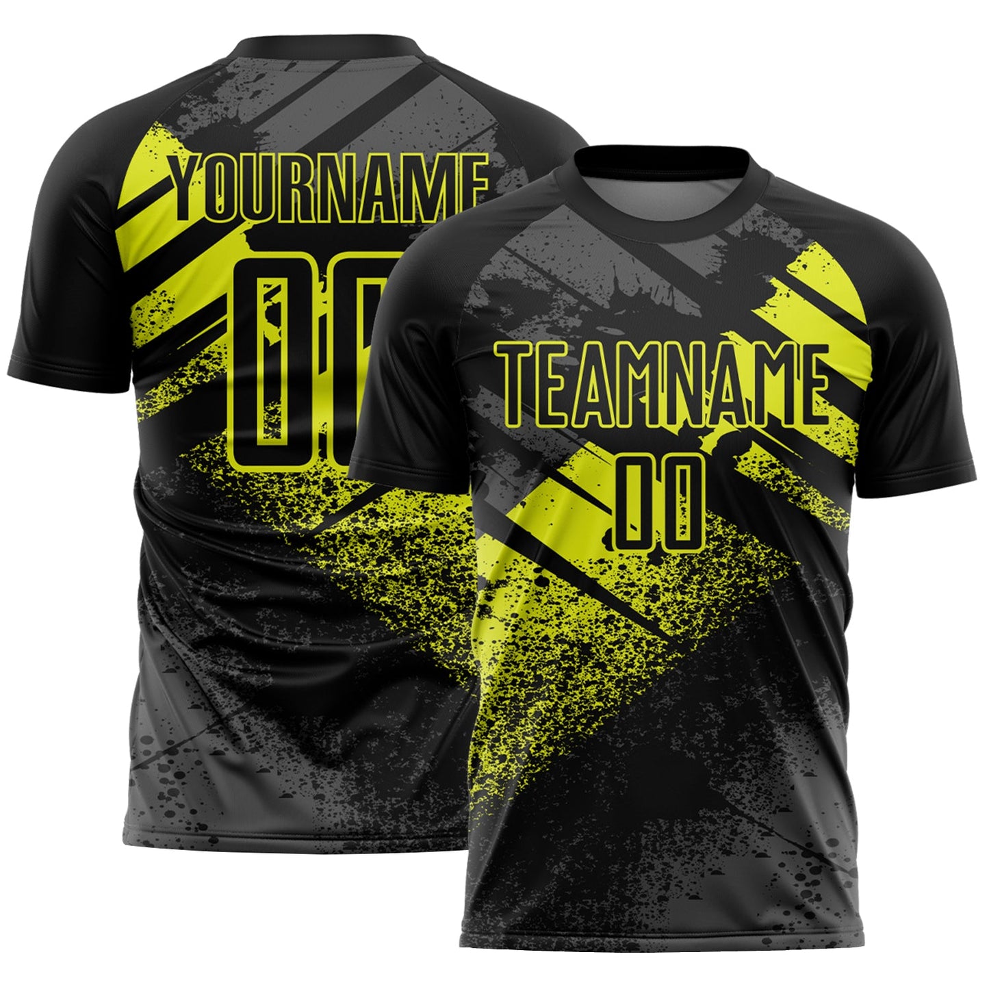 Custom Black-Neon Yellow Grunge Splatter Brush Stroke Sublimation Soccer Uniform Jersey - Main View