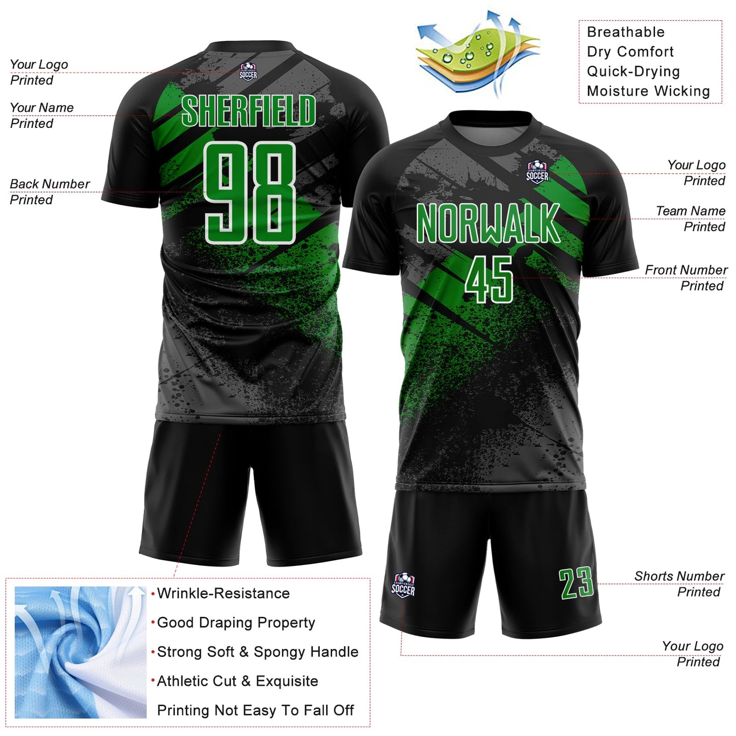 Custom Black Grass Green-White Grunge Splatter Brush Stroke Sublimation Soccer Uniform Jersey view 4