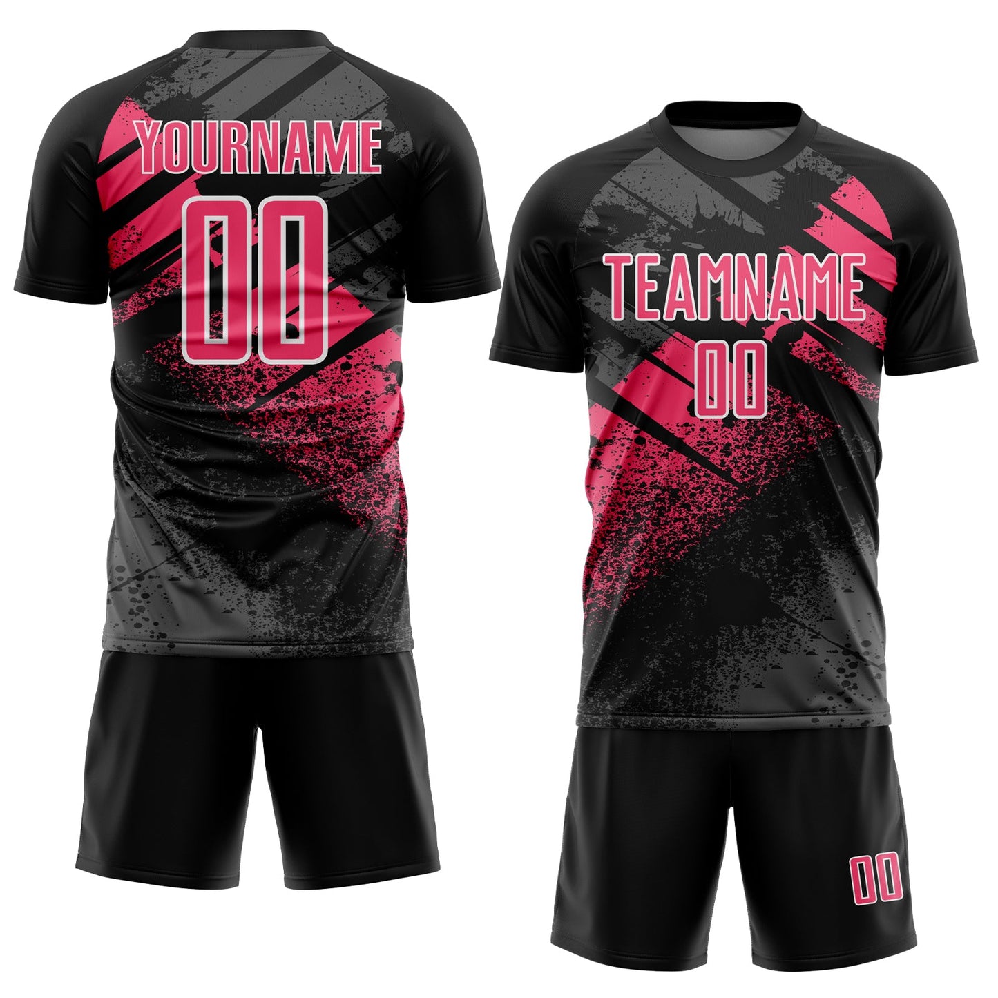 Custom Black Neon Pink-White Grunge Splatter Brush Stroke Sublimation Soccer Uniform Jersey view 2