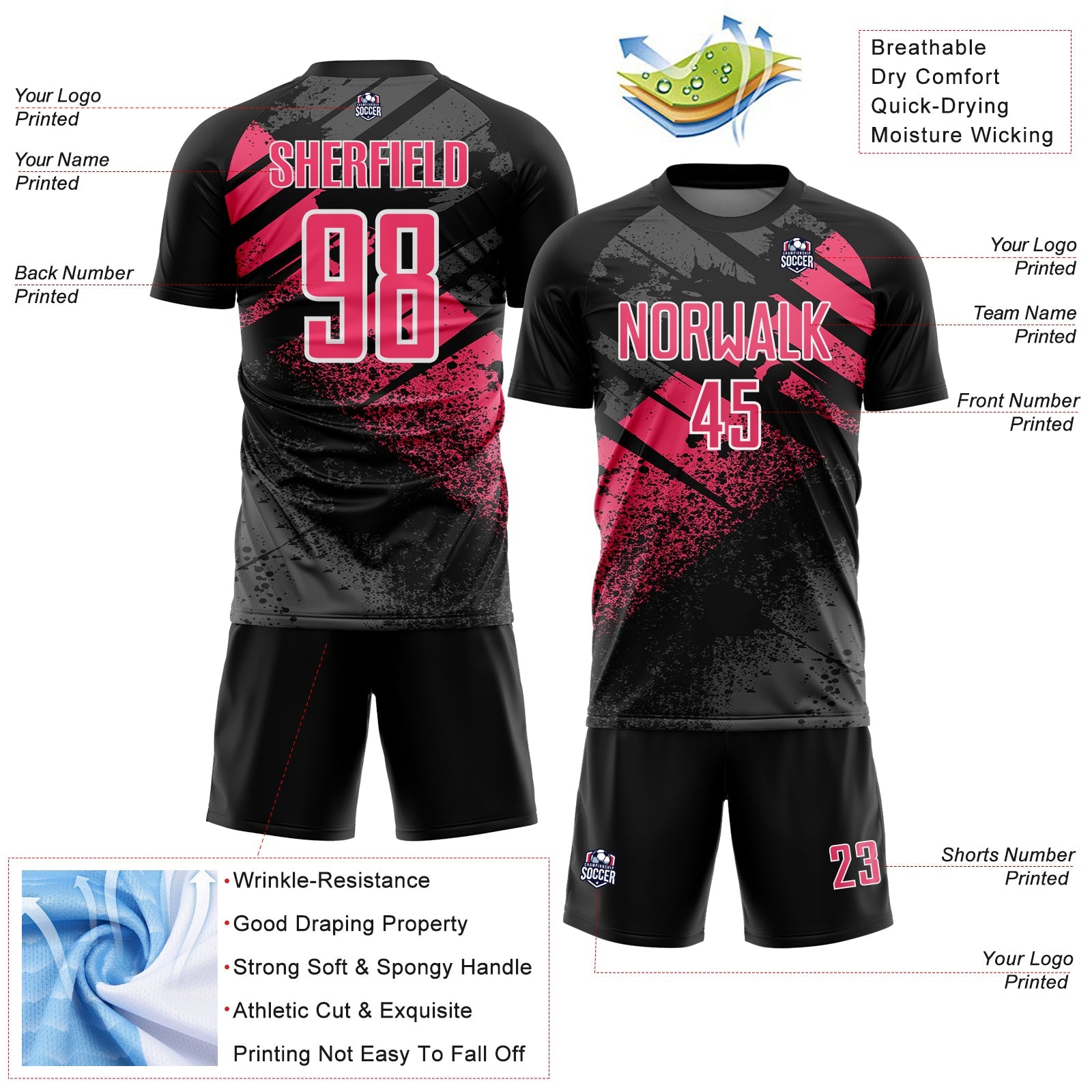 Custom Black Neon Pink-White Grunge Splatter Brush Stroke Sublimation Soccer Uniform Jersey view 4