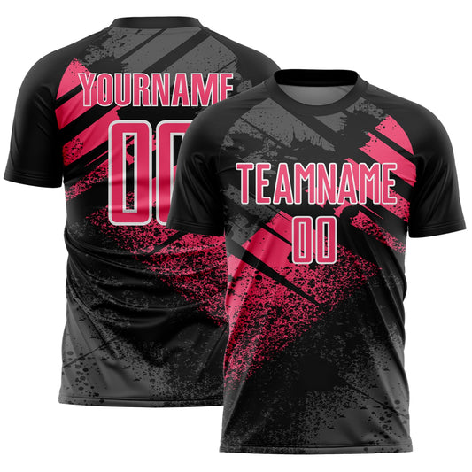 Custom Black Neon Pink-White Grunge Splatter Brush Stroke Sublimation Soccer Uniform Jersey - Main View