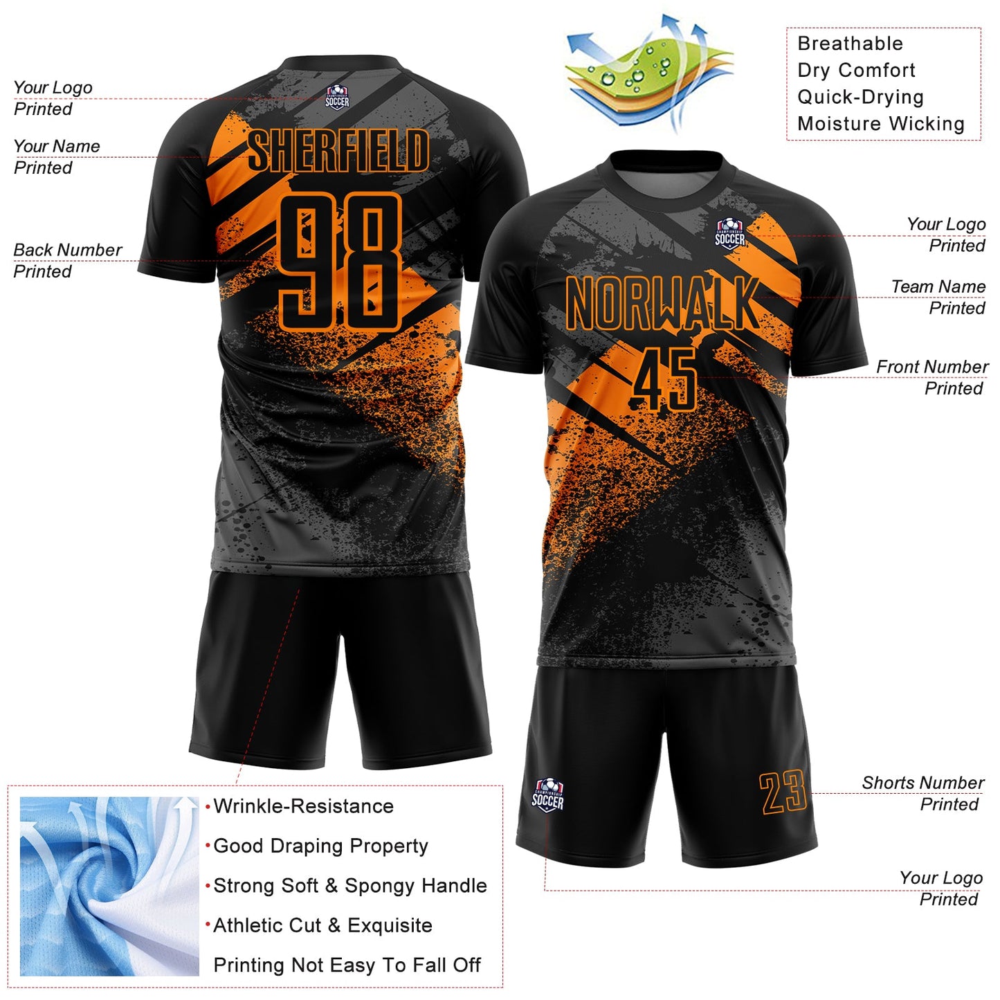 Custom Black-Bay Orange Grunge Splatter Brush Stroke Sublimation Soccer Uniform Jersey view 4