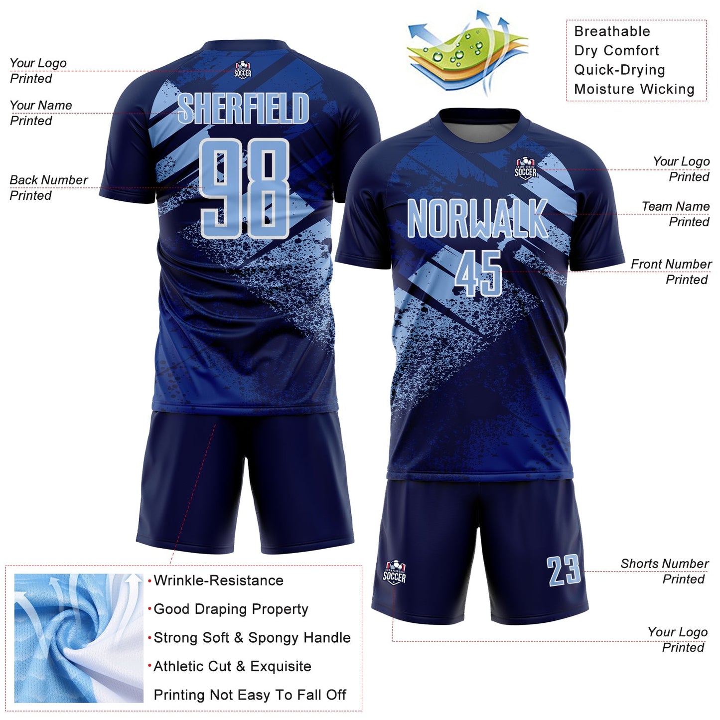 Custom Navy Light Blue-White Grunge Splatter Brush Stroke Sublimation Soccer Uniform Jersey view 4