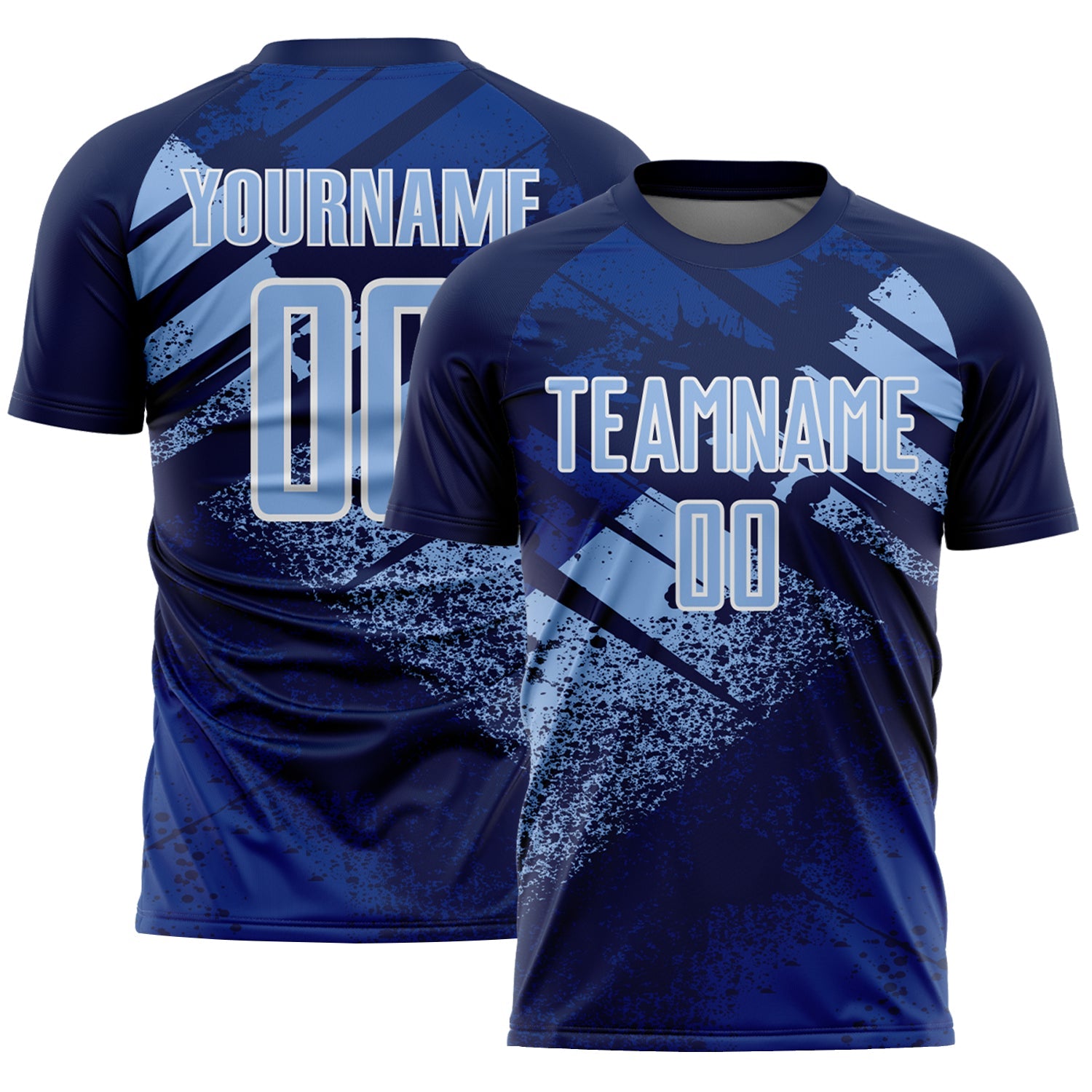 Custom Navy Light Blue-White Grunge Splatter Brush Stroke Sublimation Soccer Uniform Jersey - Main View