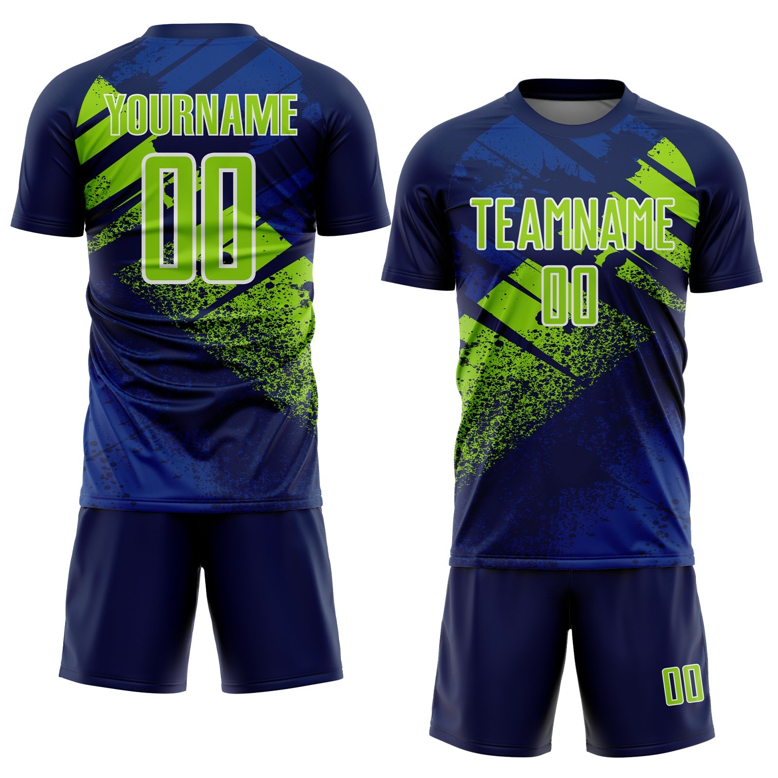 Custom Navy Neon Green-White Grunge Splatter Brush Stroke Sublimation Soccer Uniform Jersey view 2