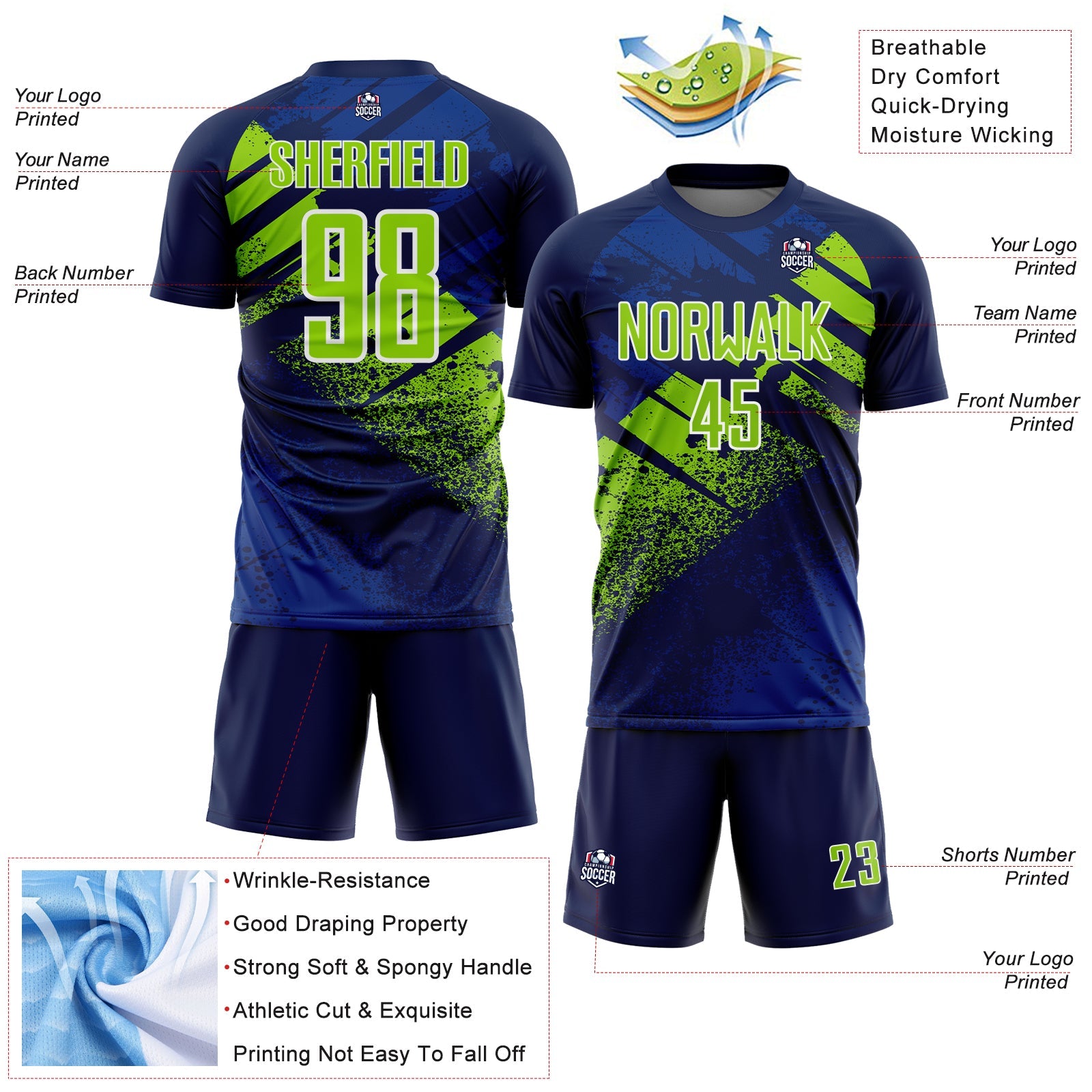 Custom Navy Neon Green-White Grunge Splatter Brush Stroke Sublimation Soccer Uniform Jersey view 4