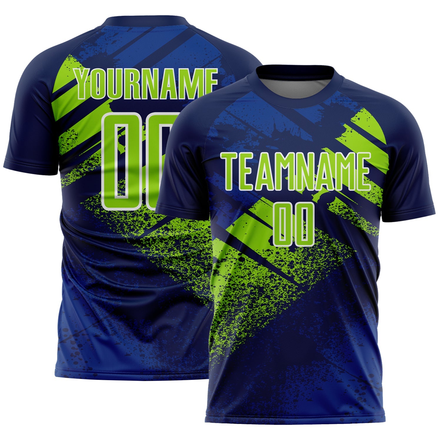 Custom Navy Neon Green-White Grunge Splatter Brush Stroke Sublimation Soccer Uniform Jersey - Main View