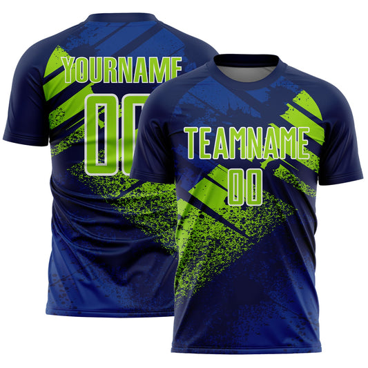 Custom Navy Neon Green-White Grunge Splatter Brush Stroke Sublimation Soccer Uniform Jersey - Main View